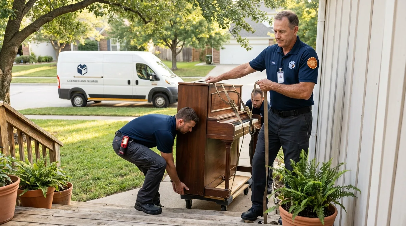 Licensed piano movers securing grand piano in Arvada, CO