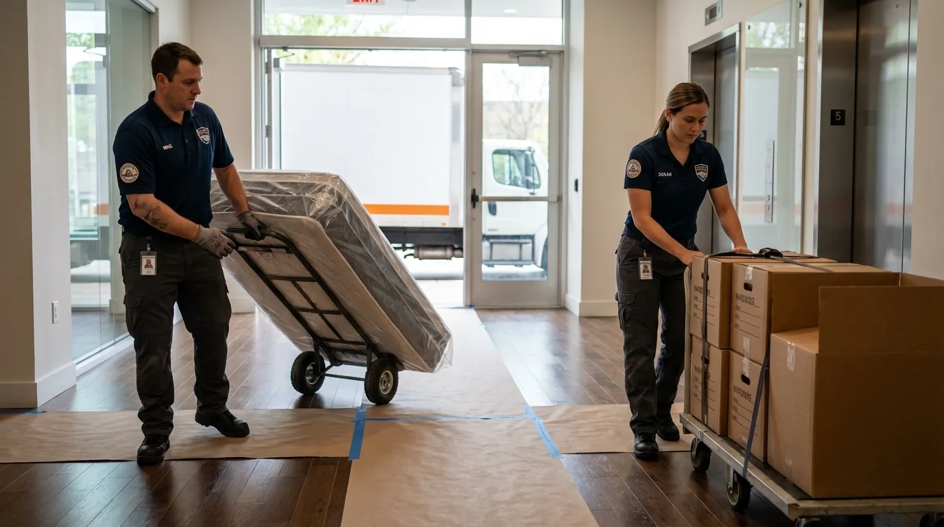 Professional apartment movers loading elevator in Arvada, CO